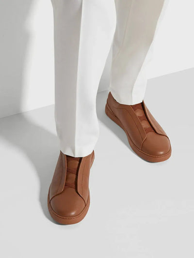 ZGN Triple Stitch Grained Leather Sneakers – Brown