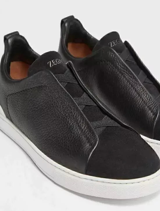 ZGN Triple Stitch Black Leather Suede Sneakers – White Sole