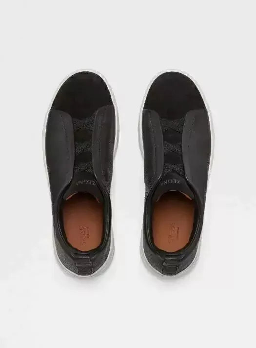 ZGN Triple Stitch Black Leather Suede Sneakers – White Sole