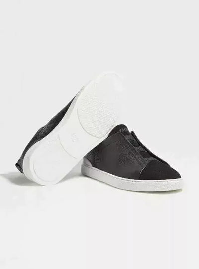 ZGN Triple Stitch Black Leather Suede Sneakers – White Sole
