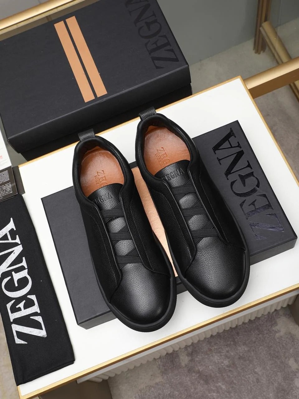 ZGN Triple Stitch Black Leather Sneakers
