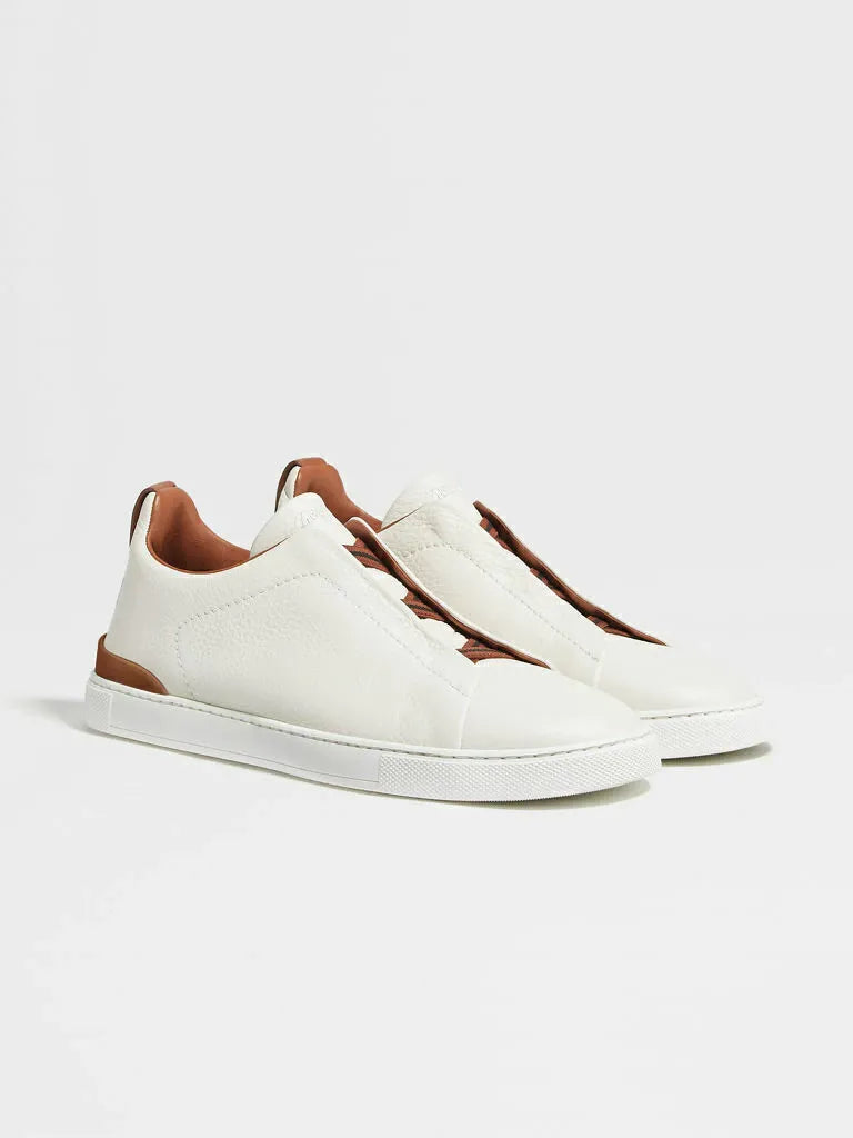ZGN Triple Stitch Leather Sneakers – White/Brown