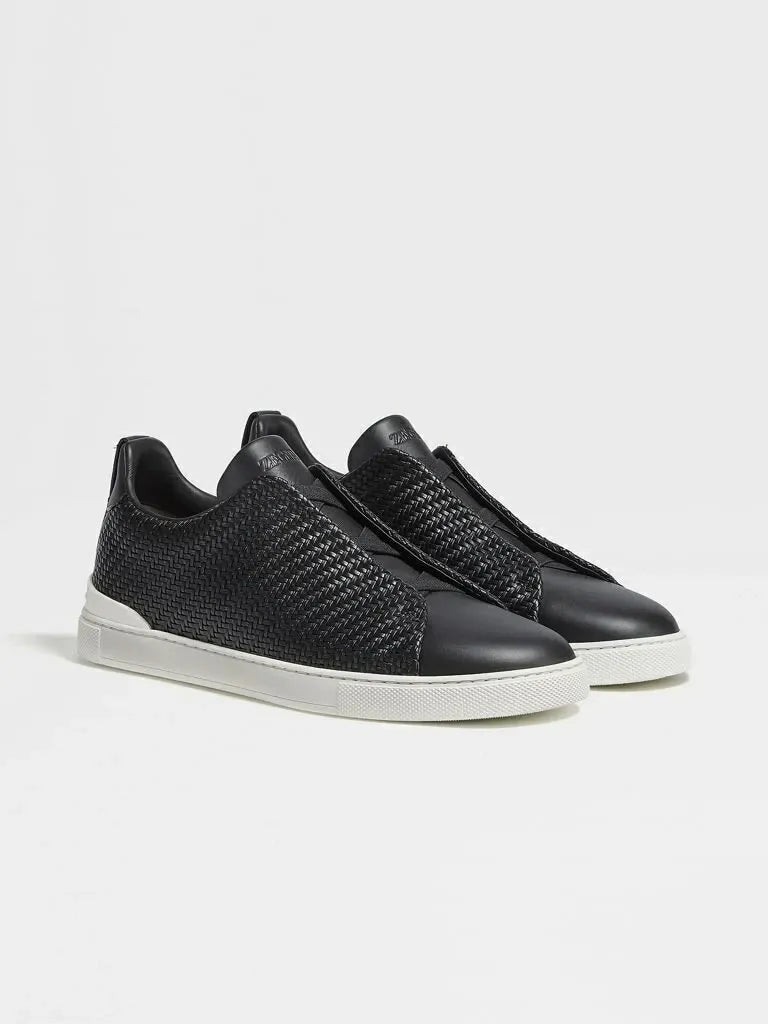 ZGN Triple Stitch Woven Leather Sneakers – Black