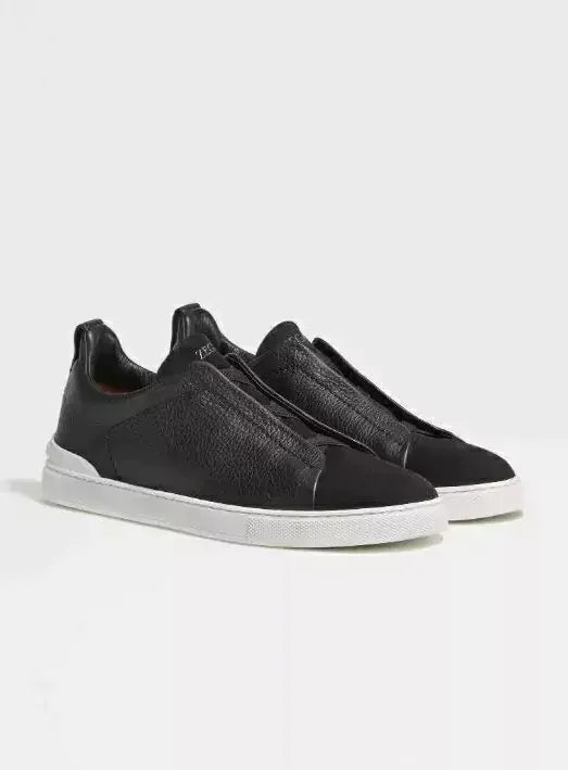 ZGN Triple Stitch Black Leather Suede Sneakers – White Sole
